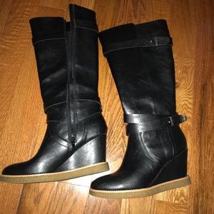 New Black wedge knee high boots